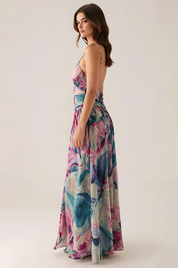 Robe formelle imprimée à bretelles spaghetti violettes